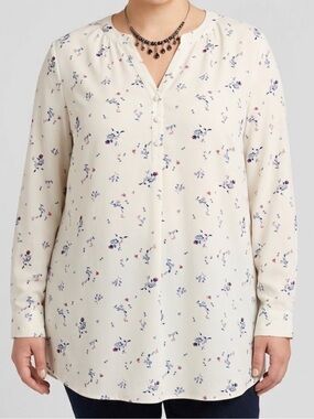 VEUC Women's Penmans Long Sleeve Cream Floral Henley Blouse - size XL